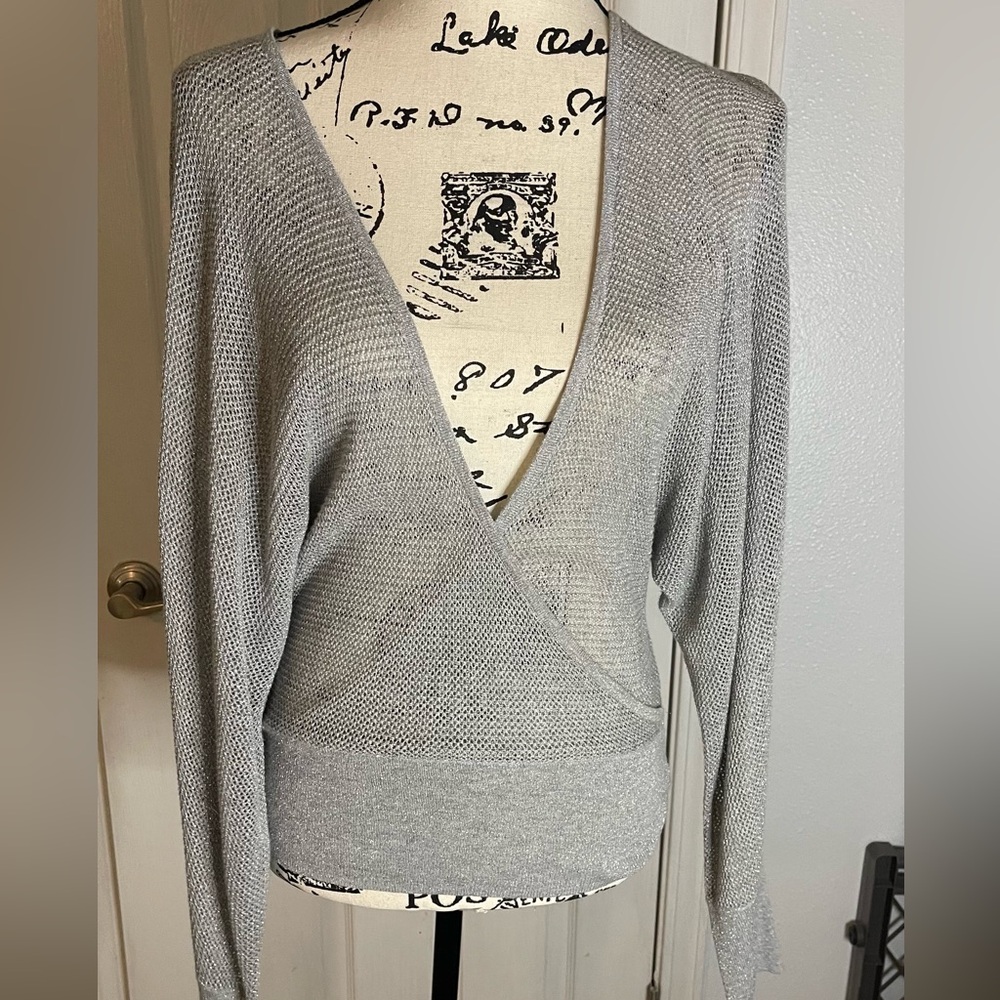 Express Light Gray V-Neck Wrap Sweater